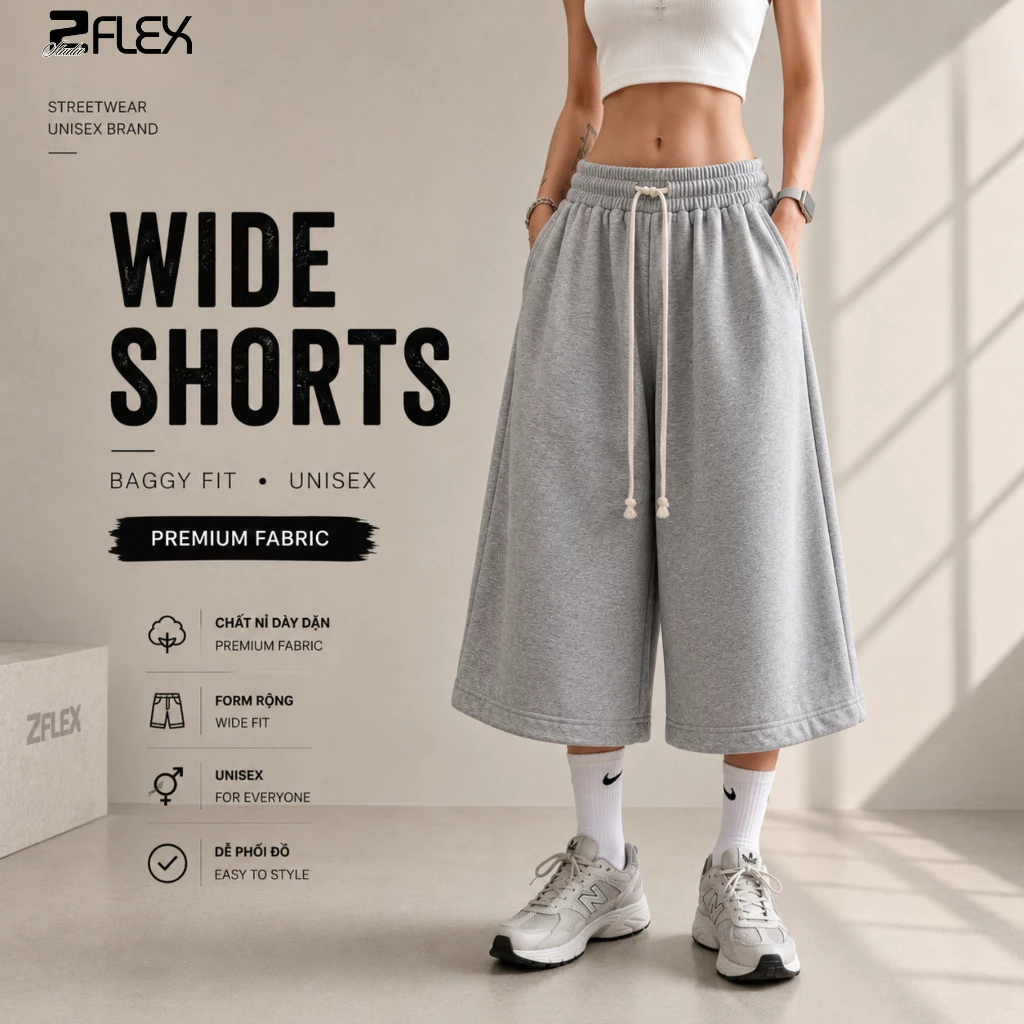 Quần short nỉ 2 Da Zflex QZG23 Ống Rộng Phom Nam, Nữ Basic Chất Nỉ Quảng Châu Dày Mịn