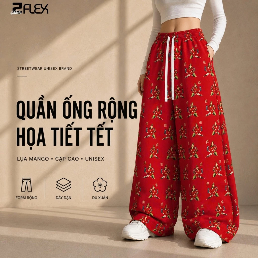 Quần Ống Rộng Họa Tiết Tết Zflex QZG24 Vải Lụa Mango Dày Dặn Unisex Cạp Cao Hack Dáng Du Xuân
