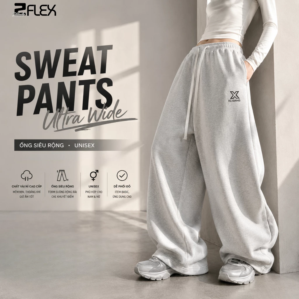 Quần nỉ ống rộng Zflex QZG25 Phối Dây Bản Nhỏ Phom Unisex Chất Nỉ 2 Da Quảng Châu Dày Dặn