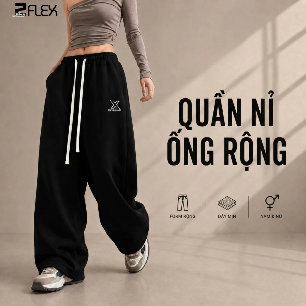 Quần Nỉ ZFLEX Ống Rộng QZG25 Vải 2 Da Dày Mịn Phom Cho Nam Và Nữ, Hàng Quảng Châu