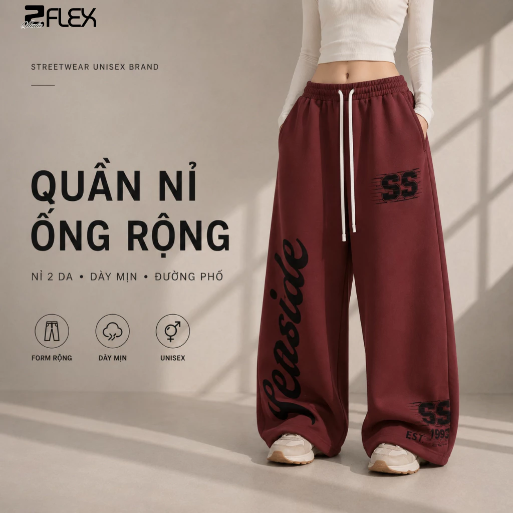 Quần Nỉ Ống Rộng ZFLEX FASHION QZG27 Nỉ 2 Da Dày Mịn Phong Cách Đường Phố