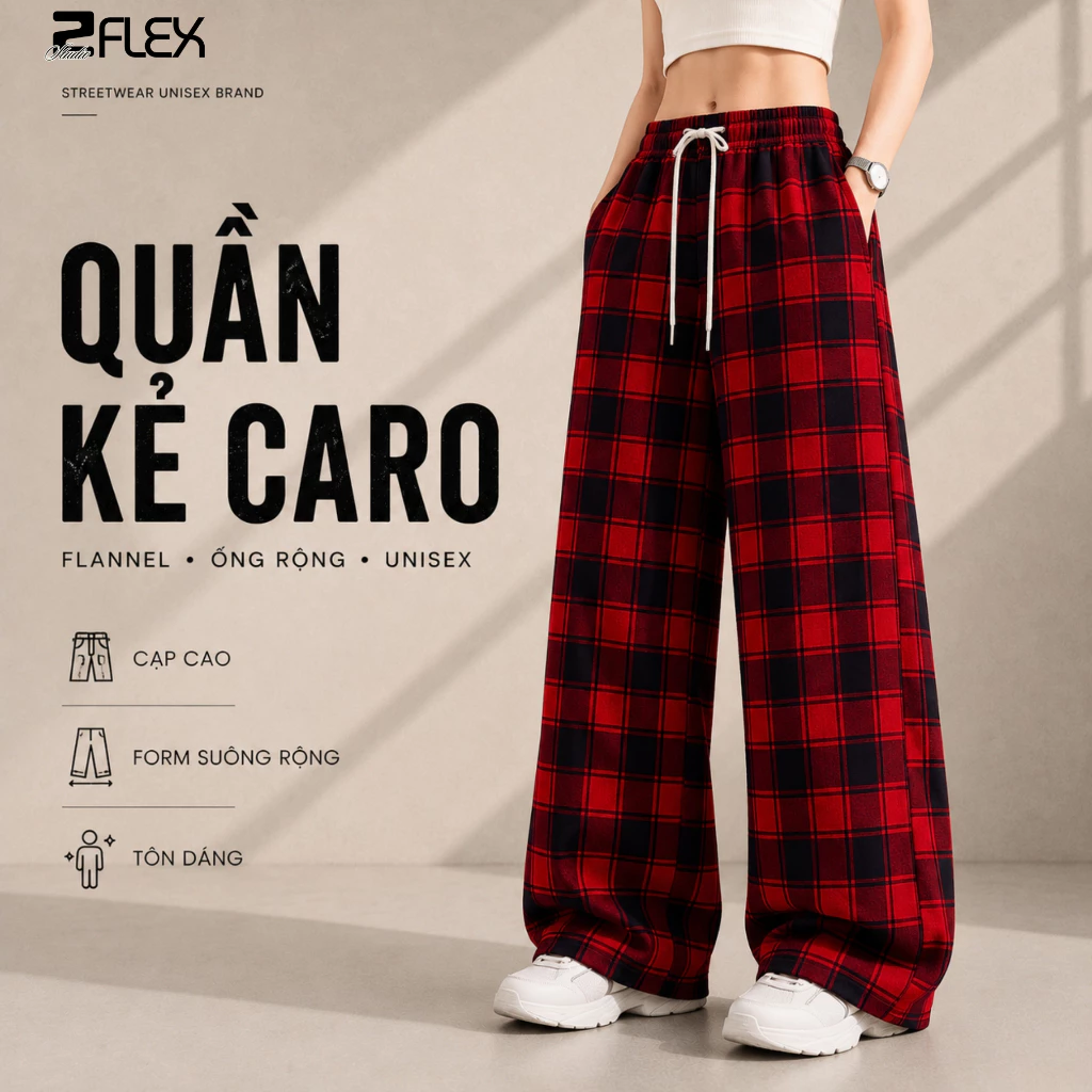 Quần Kẻ Caro Ống Rộng Zflex QCARO20 Flannel Unisex Phom Suông Cạp Cao Tôn Dáng - Zgo Fashion