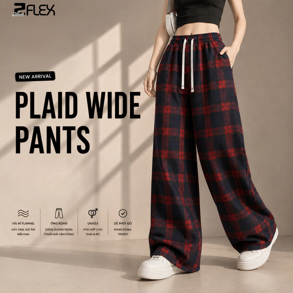 Quần Kẻ Caro Zgo Fashion Ống Rộng Qcaro QNOEL20 Vải Nỉ Flannel Dày Dặn Cạp Cao Tông Dáng