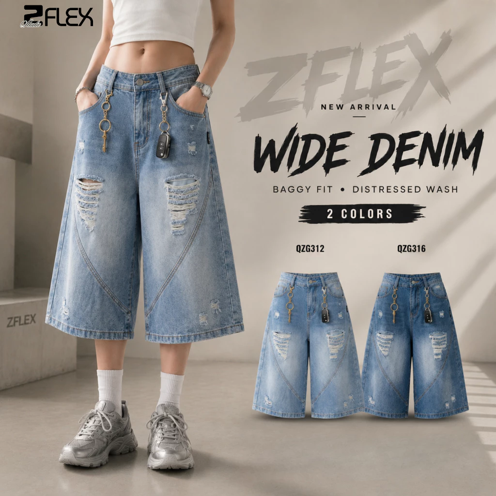 Quần Short Jean Ống Rộng Nam Nữ Form Lửng Rách ZFLEX QZG31 Chất Jean Dày Dặn