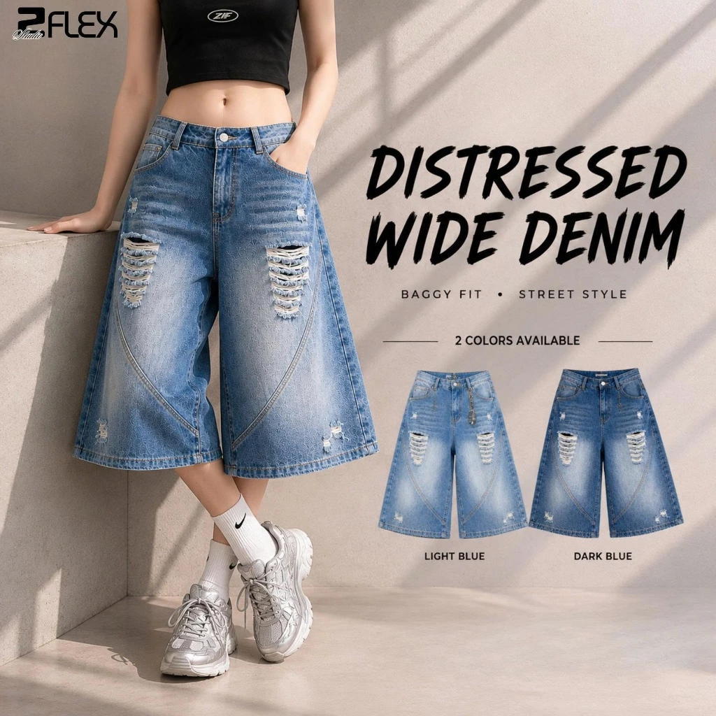 Quần Short Jean Lửng ZFLEX QZG31 Wash Rách Ống Rộng Unisex Nam Nữ