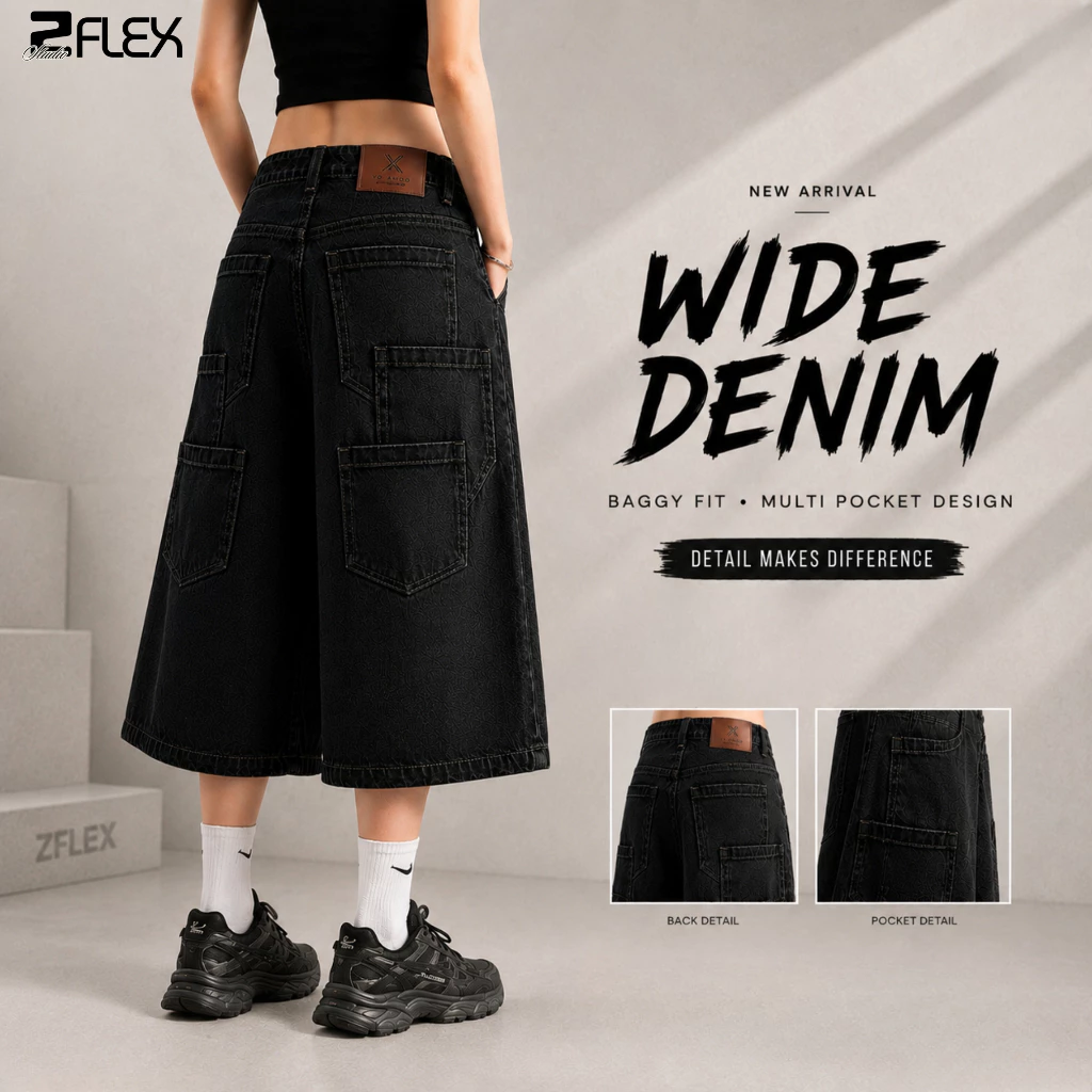 Quần Jean Lửng Nữ Form Rộng Túi Sau Độc Đáo Denim Cá Tính QZG34