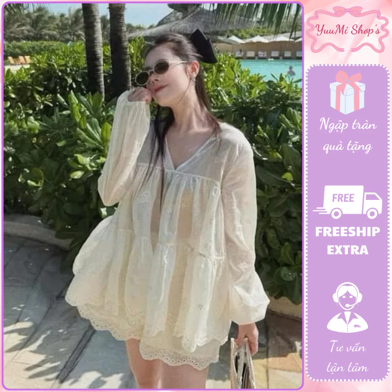 Set bộ nữ đi biển áo babydoll cổ v tay dài thêu hoa lỗ kèm quần short thun xòe tầng mặc đi du lịch HCOM25458