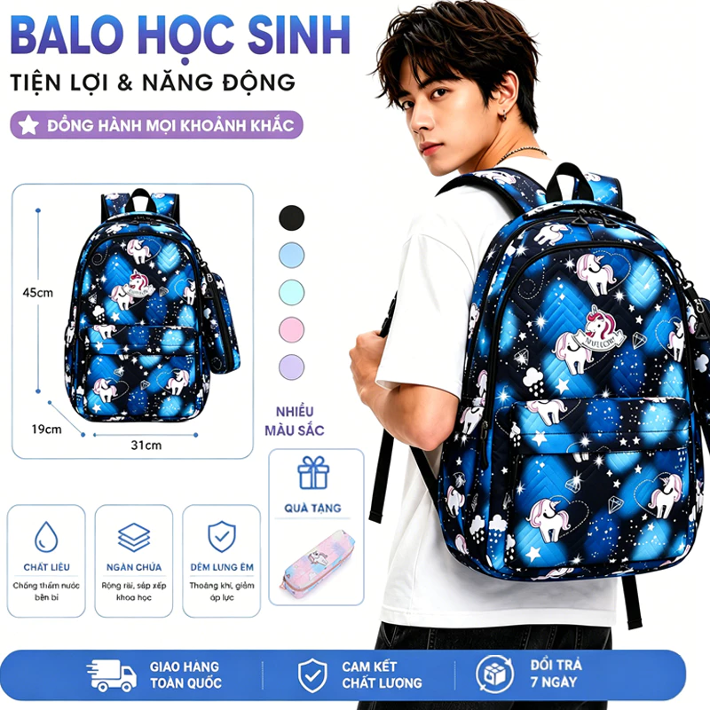 Balo đi học nữ thời trang Hàn Quốc vải dù mịn chống nước nhiều ngăn tiện lợi màu tím hồng trắng đen.B300