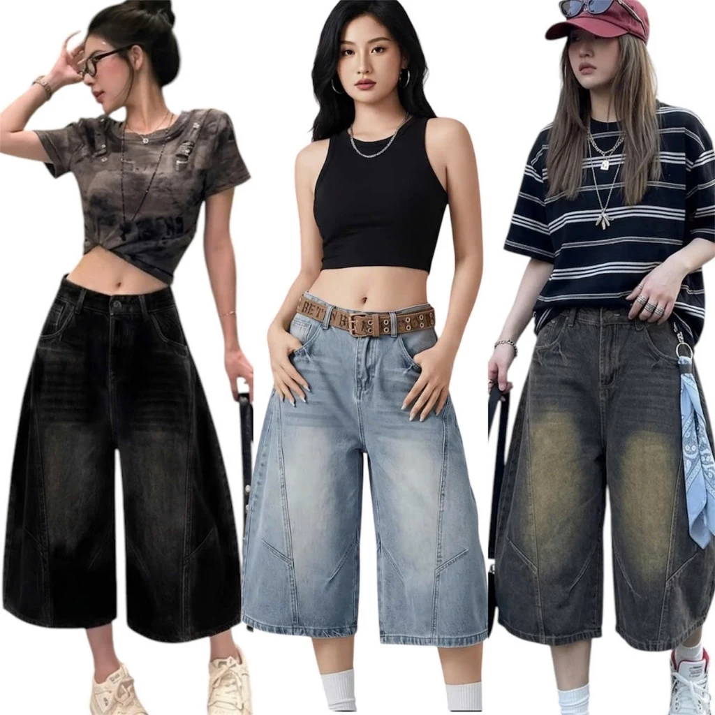 Quần Short Jean Lửng Nữ Ống Rộng Cạp Cao Form Rộng Cá Tính, Quần Jean Short Lửng Qua Gối Unisex Cả Nam Nữ - Q04