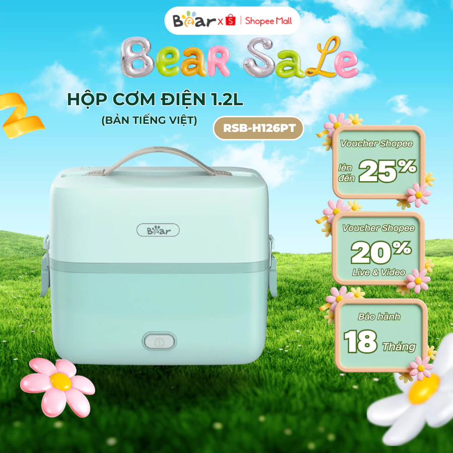 Hộp cơm điện cầm tay mini 2 tầng Bear RSB-H126PT, 1.2L, hâm/nấu văn phòng đa năng, BH 18 tháng