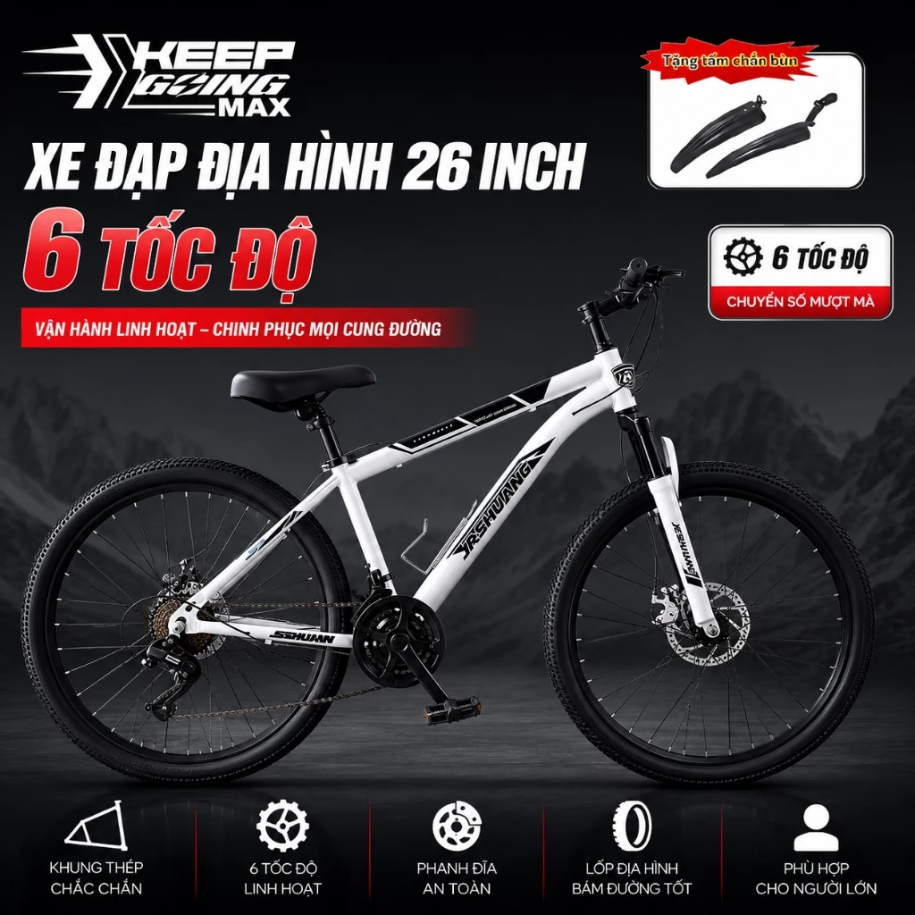 Xe đạp leo núi 26 inch 6 tốc độ – Khung chắc chắn, phù hợp cho người lớn