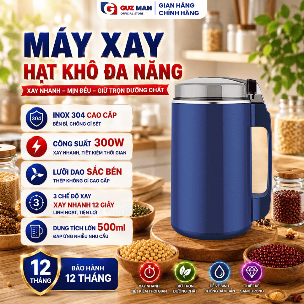 Máy Xay Hạt Khô Inox 2 Lớp 300W Đa Năng Xay Bột, Cà Phê, Ngũ Cốc, Gia Vị, Thảo Dược,Bột Mịn Cao Cấp