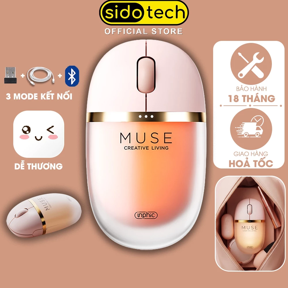 Chuột không dây cute dễ thương SIDOTECH INPHIC MUSE hồng silent pin sạc 3 mode bluetooth chống ồn văn phòng nữ tính