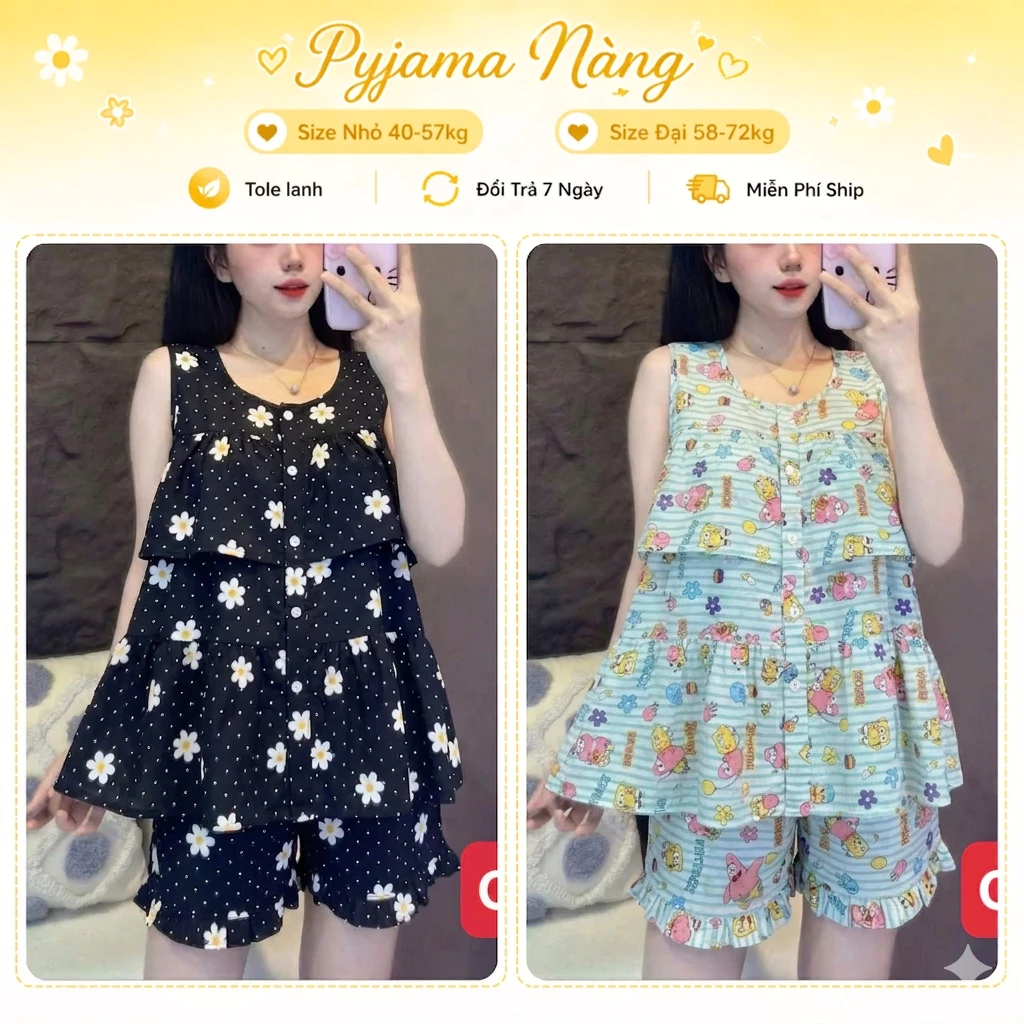 Set Bộ Tole Lanh 2 Da G3 Nữ Mặc Nhà Quần Đùi Áo Ba Lỗ Tầng Họa Tiết Siêu Xinh - Đồ Bộ Cộc Tay Thoáng Mát