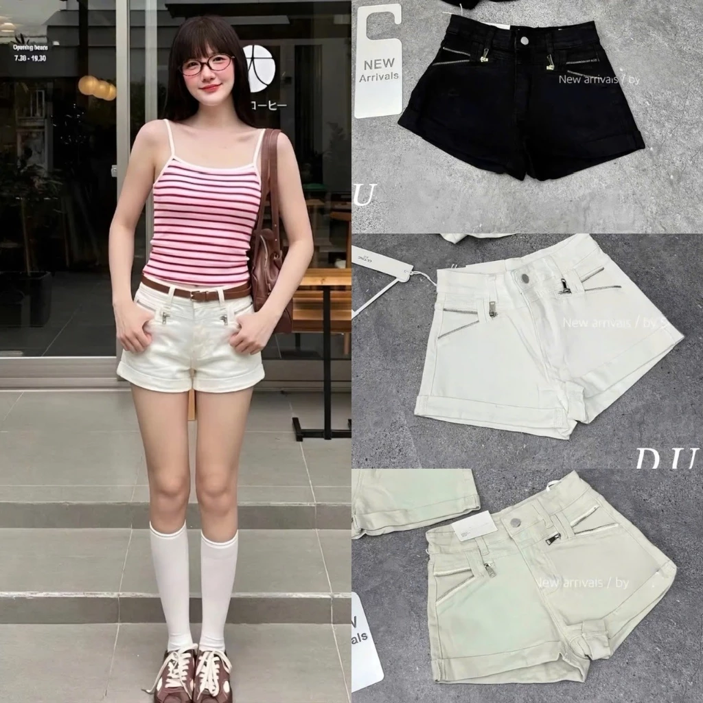 Quần Short Jean Trắng Cạp Cao Co Dãn Dáng Chữ A Siêu Tôn Dáng , Quần Sooc Jeans Trơn Gập Gấu From Chữ A đủ size