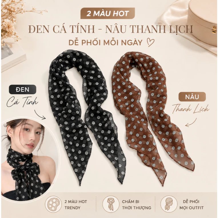 Khăn Choàng Cổ Lụa Hàn Quốc Chấm Bi Thanh Lịch Đa Năng Thắt Nơ Dễ Thương Phụ Kiện Thời Trang Hot Cho Bạn Gái