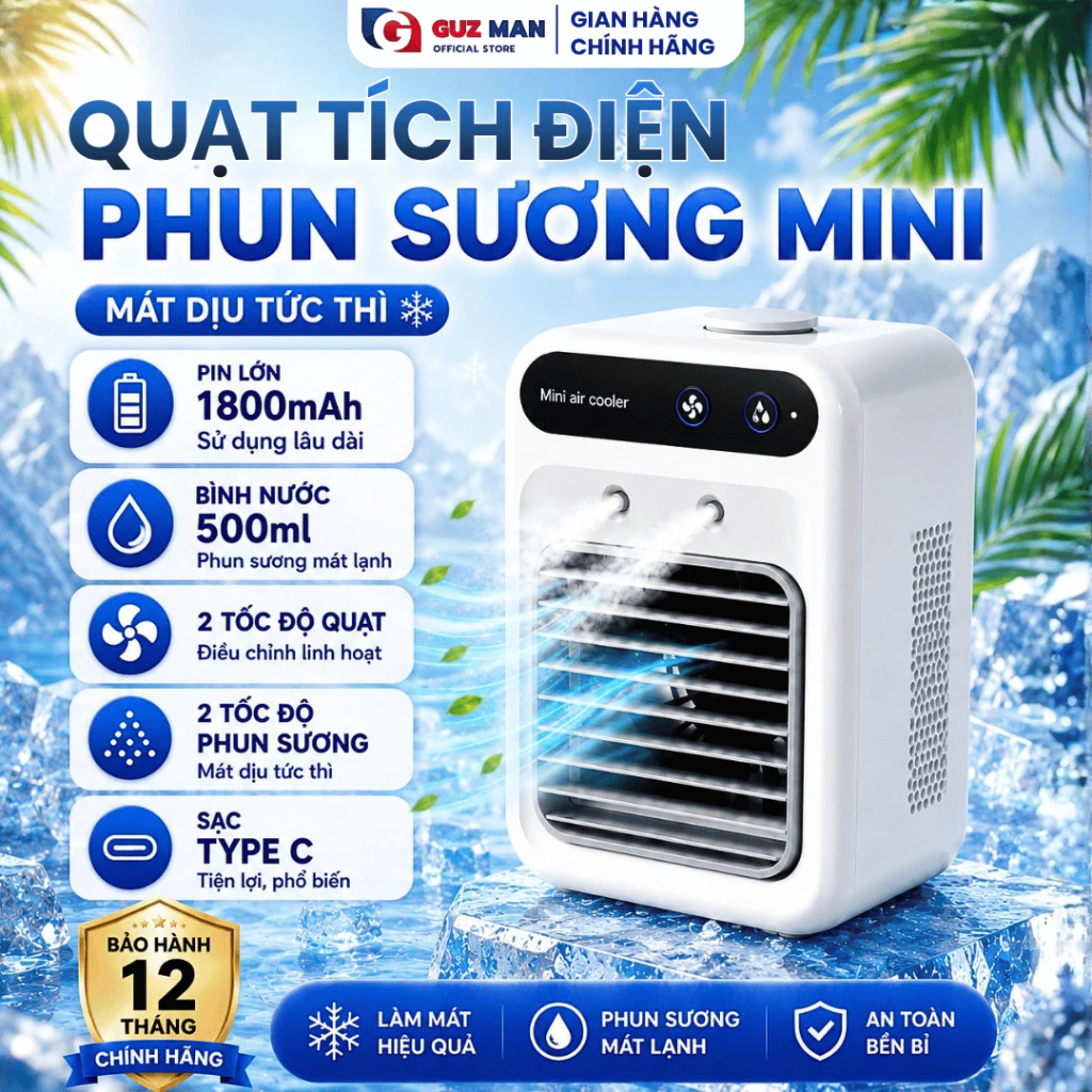 Quạt Điều Hòa Phun Sương Tích Điện Mini 500ML - 2 Chế Độ, Quạt Làm Mát Để Bàn, Phun Sương Siêu Mát