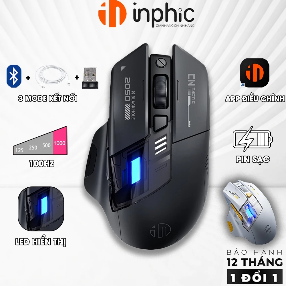 Chuột không dây gaming INPHIC A9 Pro Explorer V2 bluetooth wireless sạc pin cho laptop có app 1000hz 6 nút bấm