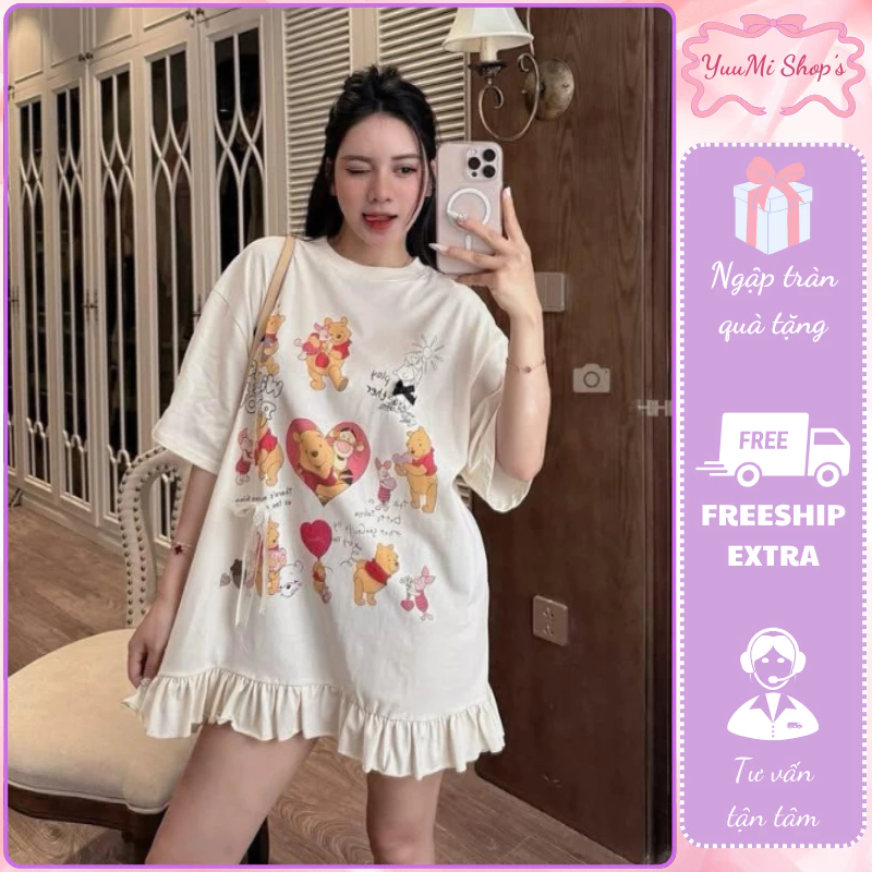 Áo đầm thun dáng rộng phối bèo lai in hình hoạt hình đáng yêu váy thun ngắn tay mặc đi biển du lịch HCOM26119