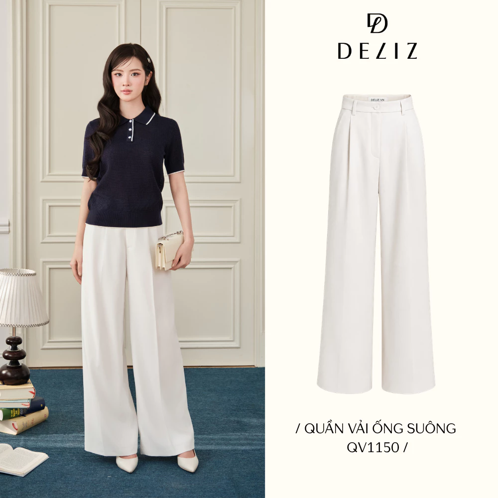 DELIZ PREMIUM - Quần vải nữ công sở ống suông cạp cao dáng dài thanh lịch DELIZ QV1150 (đã cắt sẵn khuy)