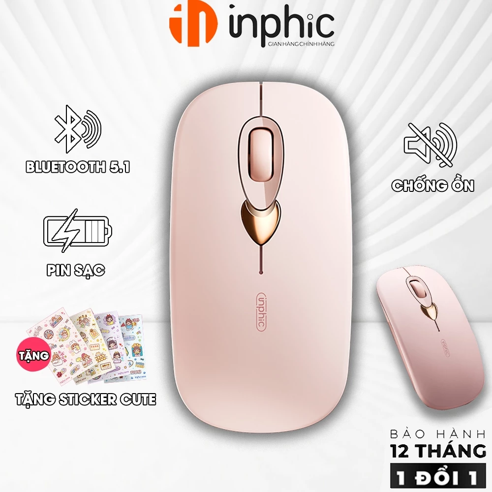 Chuột bluetooth không dây INPHIC Q8 hồng cute silent chống ồn pin sạc BT5.1 có chỉnh DPI cho laptop ipad táo macbook