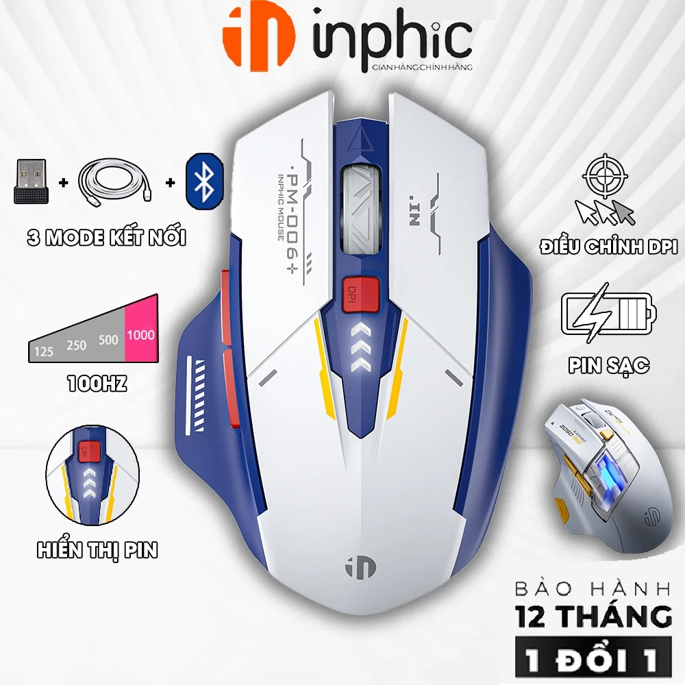 Chuột gaming không dây bluetooth INPHIC F9 V2 gundam 1000hz sạc pin 3 mode kết nối công thái học led hiển thị