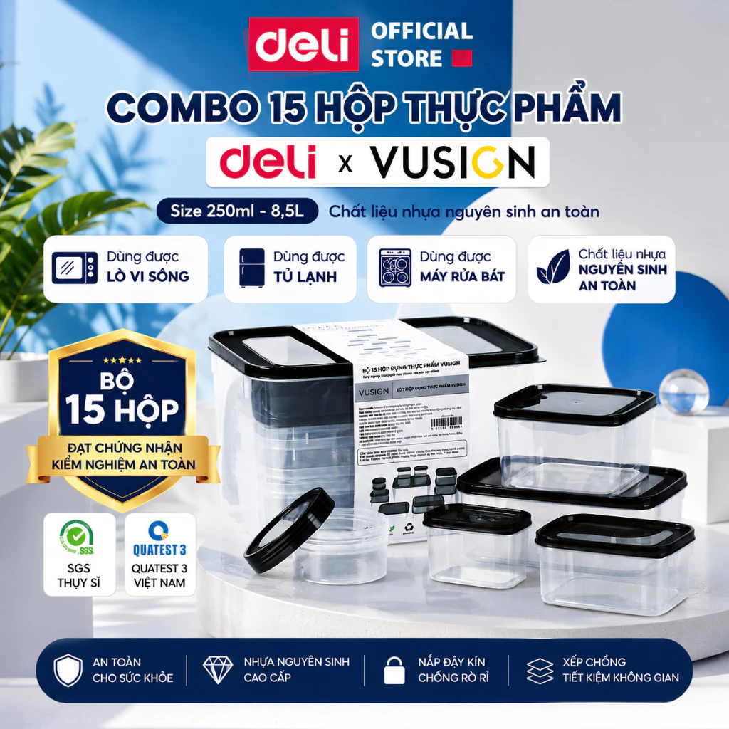 Hộp đựng thực phẩm Deli Vusign bộ 15 hộp 7 Size PP nguyên sinh kèm nắp dùng được lò vi sóng, tủ lạnh