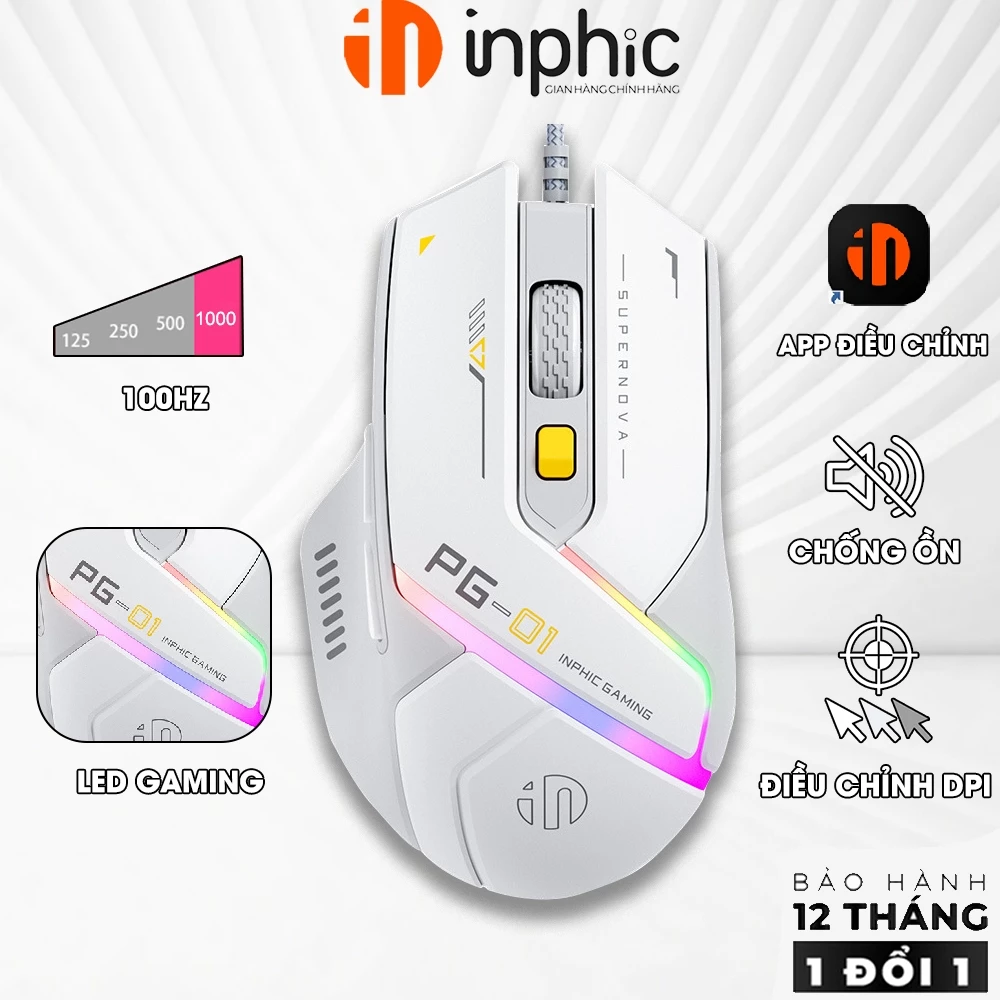 Chuôt có dây gaming INPHIC PG1 1000hz dùng cho laptop có app 6 nút bấm led RGB công thái học