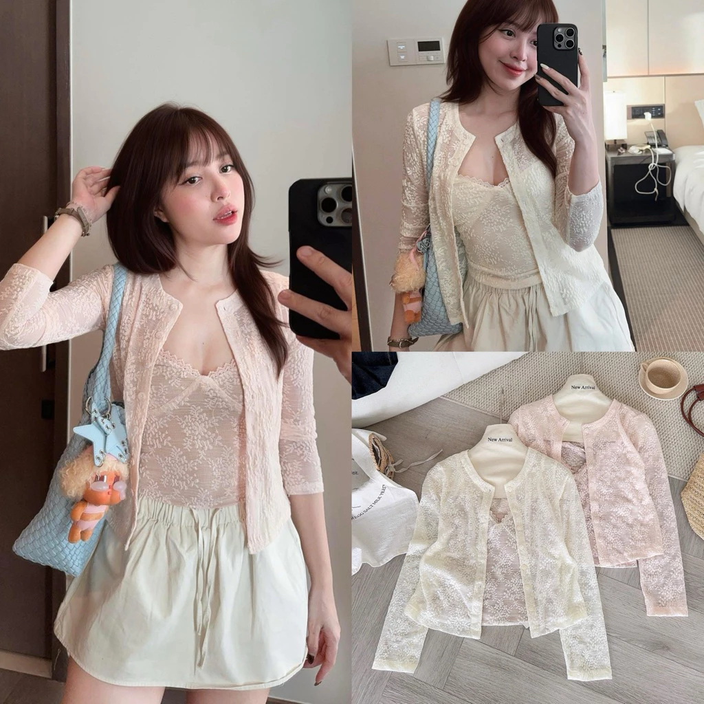(Hàng Loại 1) Set áo 2 dây cổ V ren hoa kèm áo khoác cardigan hot trend phong cách Hàn Quốc - A6472