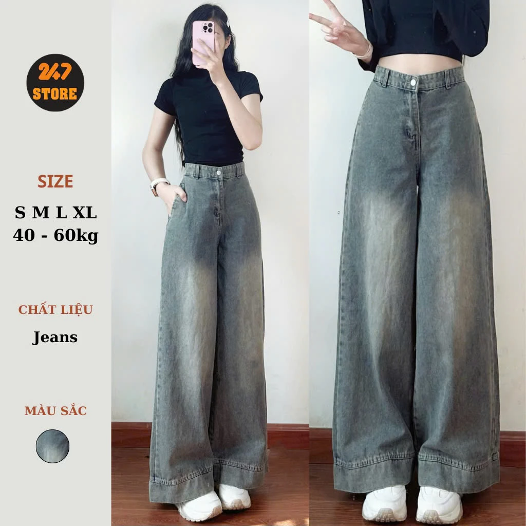 Quần jeans nữ ống suông ống rộng 247store lưng cao tôn dáng màu xanh retro đi học đi làm đi chơi