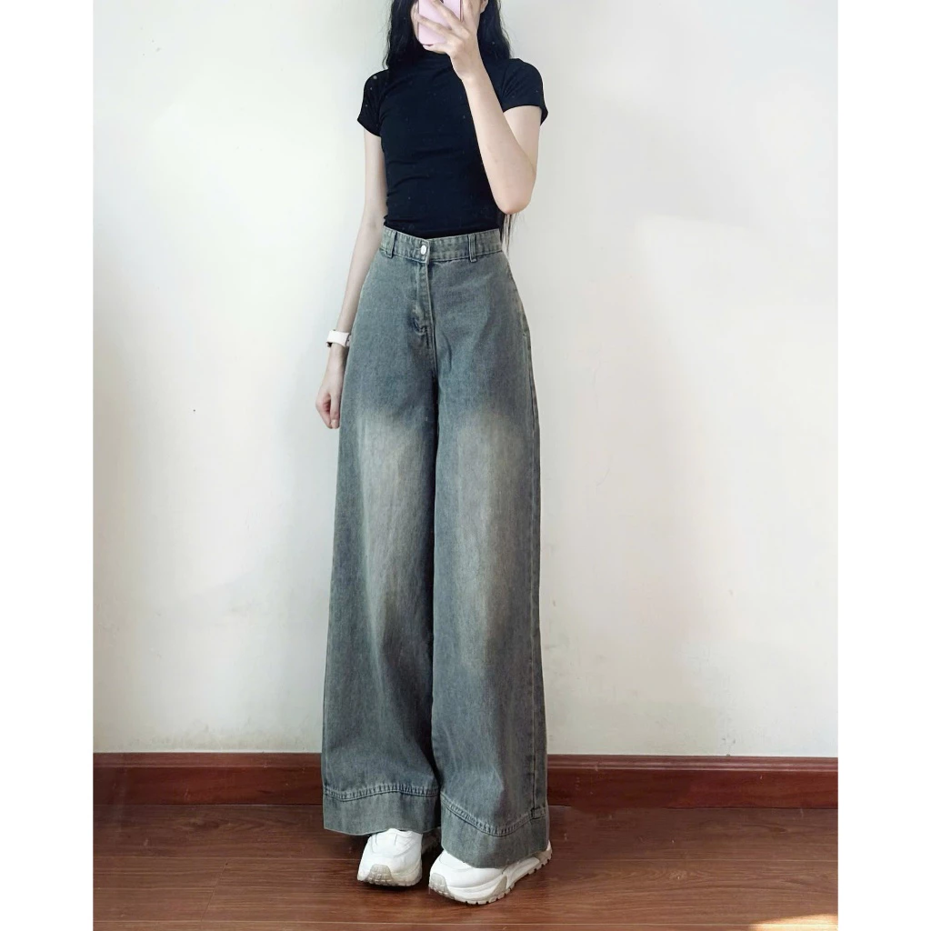 Quần jeans nữ ống suông ống rộng lưng cao tôn dáng màu xanh retro đi học đi làm đi chơi