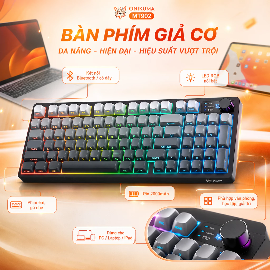 Bàn phím giả cơ Không dây Bluetooth có dây ONIKUMA LED RGB 2000mAh cho máy tính/laptop/IPAD Bàn phím im lặng văn phòng