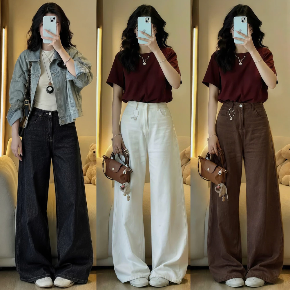 Quần Jean Trắng Nữ MIAA Cạp Cao Ống Suông Rộng - Chất Vải Jeans Cao Cấp màu Trắng và Nâu, Quần Bò Ống Rộng Nữ WJeans058