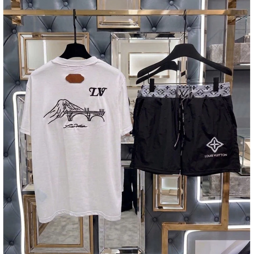 Đồ bộ quần áo nam mùa hè Núi Tuyết _Li_Vơ thêu mận cotton thêu hoạ tiết logo chữ Thêu hai mặt quần gió basic boy phố