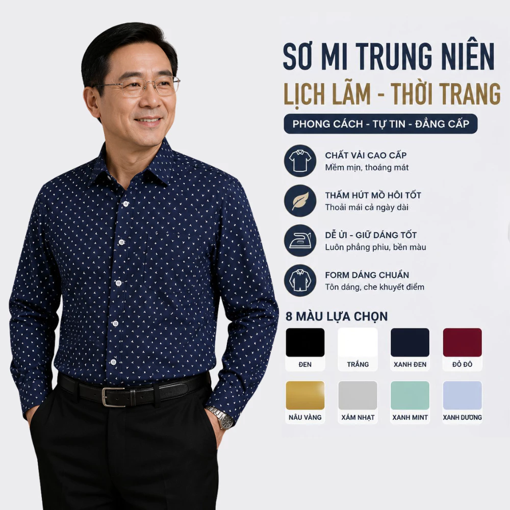 Áo Sơ Mi Nam Trung Niên Dài Tay Form Rộng GENALPHA Vải Lụa Co Giãn Có Túi Công Sở Sang Trọng GEN555