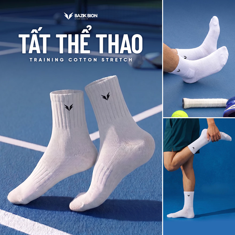 Tất Thể Thao BAZIK Training Cotton Stretch Thể Thao Cao Cổ, Thoáng Mát, Thấm Hút, Co Giãn Tốt