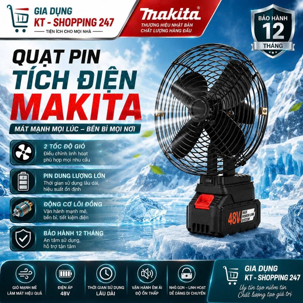 Quạt Tích Điện Để Bàn Dùng Pin 10/20/30 Cell MAKITA Công Suất Lớn, Làm Mát Cực Nhanh, Hoạt Động Bền Bỉ, Mạnh Mẽ