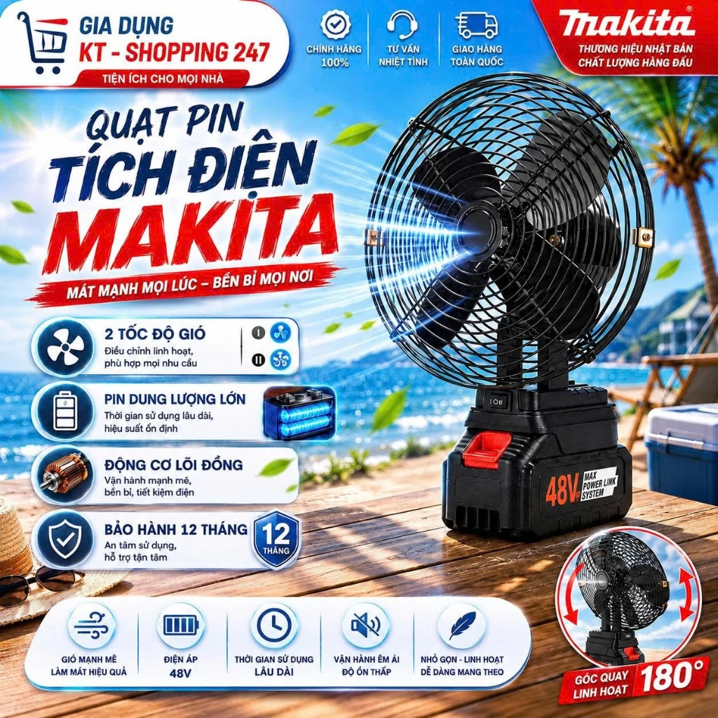Quạt Tích Điện Để Bàn Dùng Pin 10/20/30 Cell MAKITA Công Suất Lớn 8 Inch, Làm Mát Cực Nhanh, Hoạt Động Mạnh Mẽ, Bền Bỉ