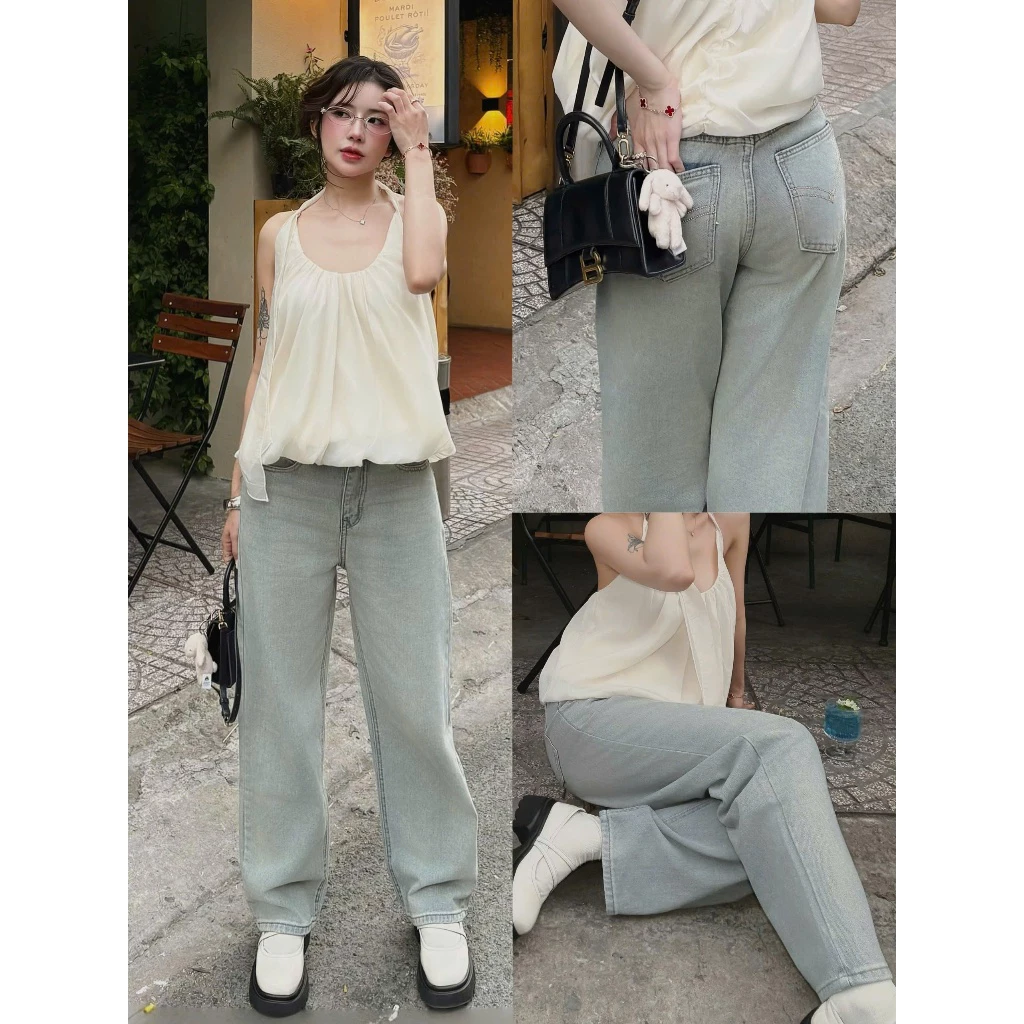 Quần Jeans Nữ Lưng Cao Ống Suông Dáng Dài Thêu Túi WJeans067