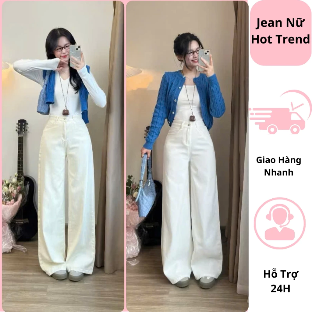 Quần jeans nữ ống suông màu trắng cạp cao ( ỐNG 27-28 CM) dài phủ chân quần bò nữ ống rộng  tôn dáng phong cách hàn quốc