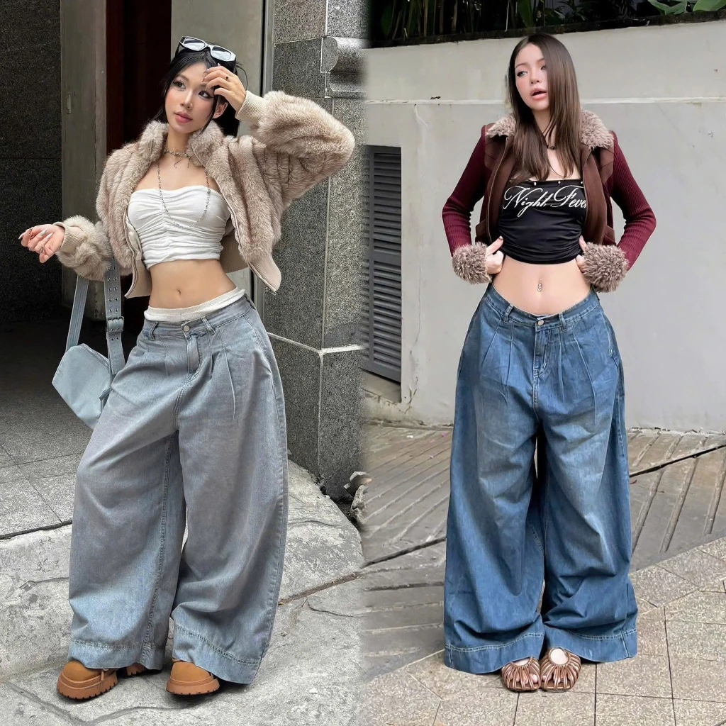 Quần Jeans Nữ Lưng Cao Ống Rộng To 38CM Xếp Ly 2 màu Bụi WJeans074