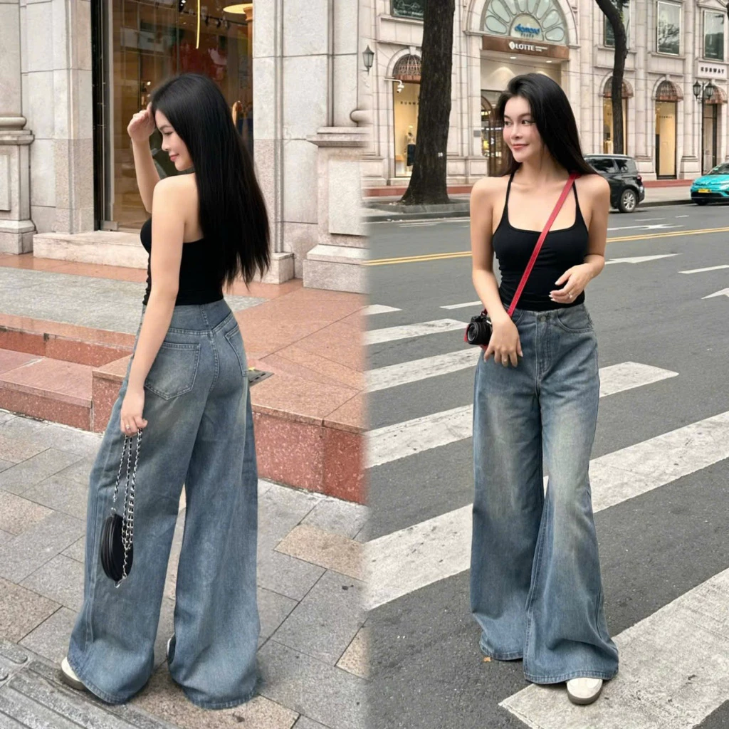 Quần Jean Nữ Lưng Cao Ống Rộng Lưng Liền Màu Xanh Đậm Bụi WJeans075