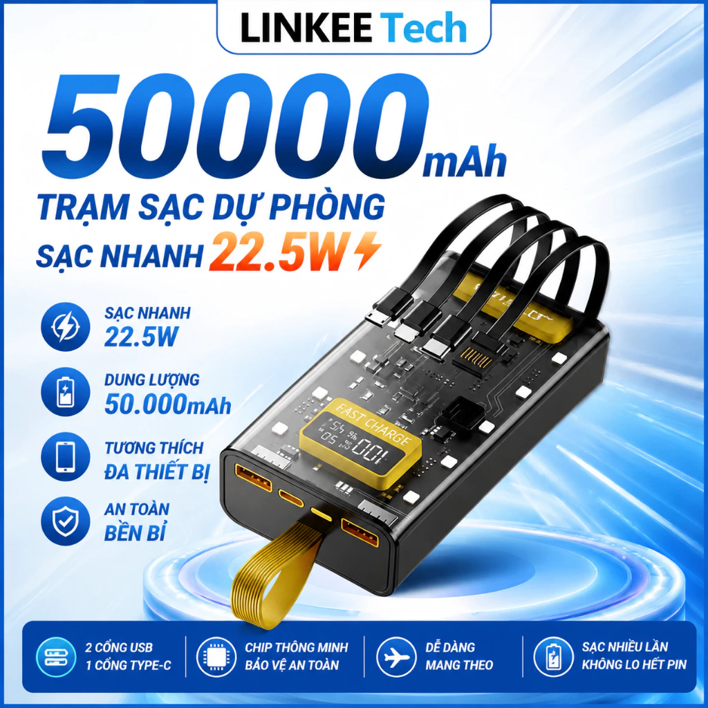 Sạc Dựng Phòng Trong Suốt 50000mAh Với 2 Cổng Sạc Nhanh 22.5w và PD 20W Kèm 4 Đầu Sạc Màn Hình LED- DL Tech
