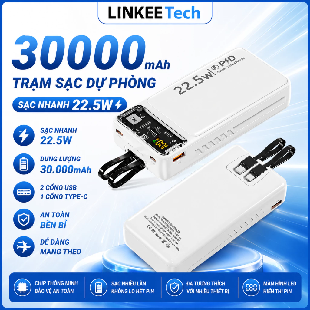 Sạc dự phòng 30000mah sạc nhanh 22.5w dung lượng lớn tích hợp dây sạc cho điện thoại Linkeetech