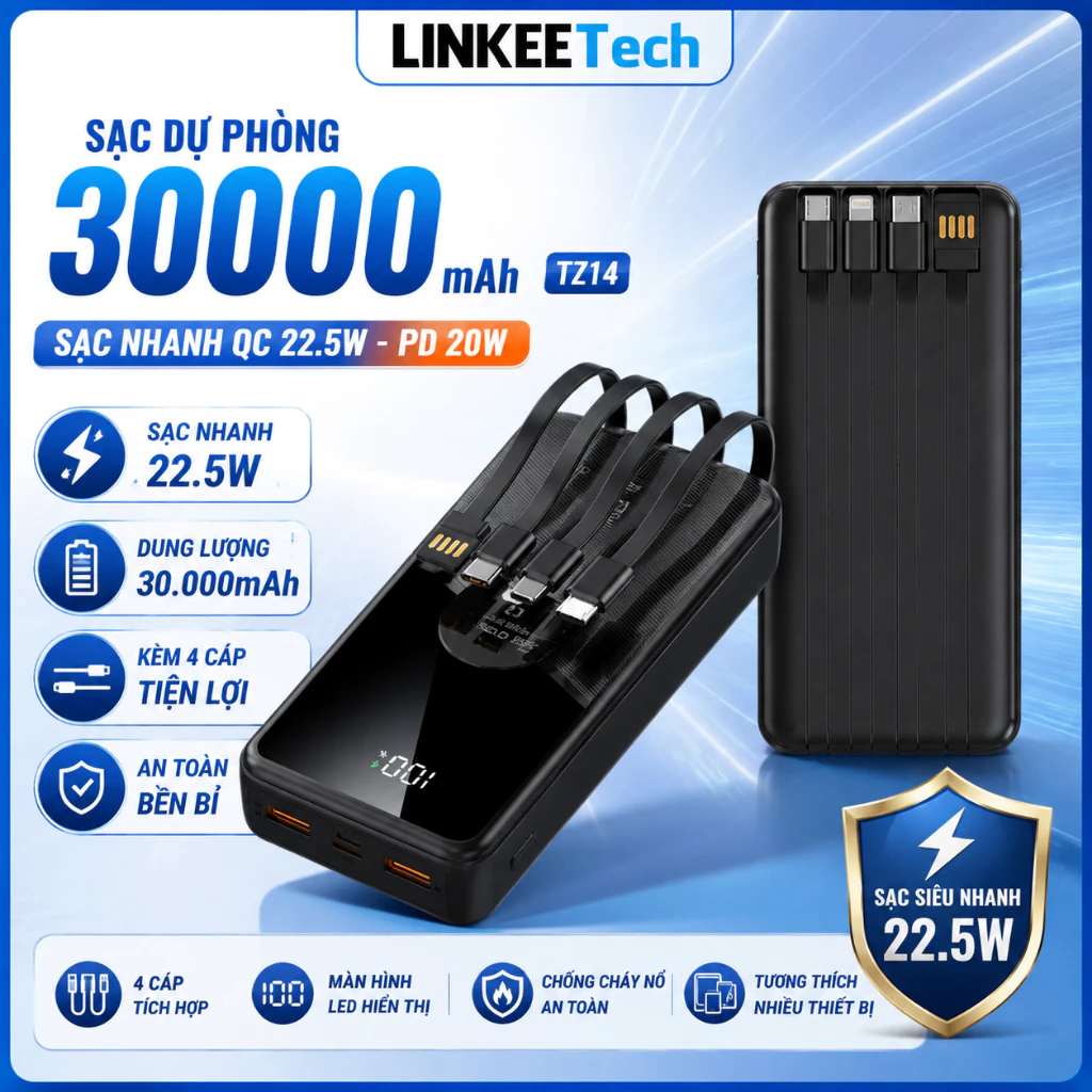 Sạc dự phòng 30000mah sạc nhanh 100w dung lượng lớn tích hợp dây sạc cho điện thoại Linkeetech