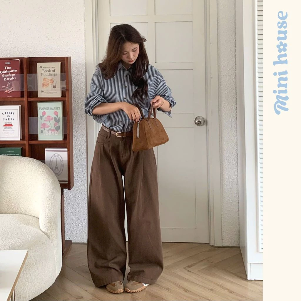 Quần Jeans kaki nữ eo nhúm tone MÀU NÂU form ống rộng basic Woman Pants Ong WJeans080
