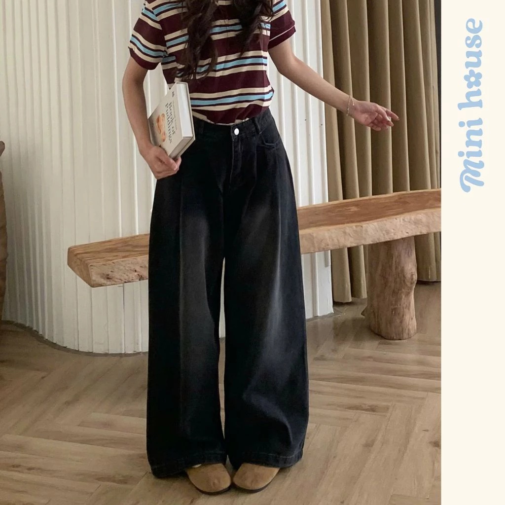 Quần Jeans ống rộng eo nhúm đen nhám WJeans081