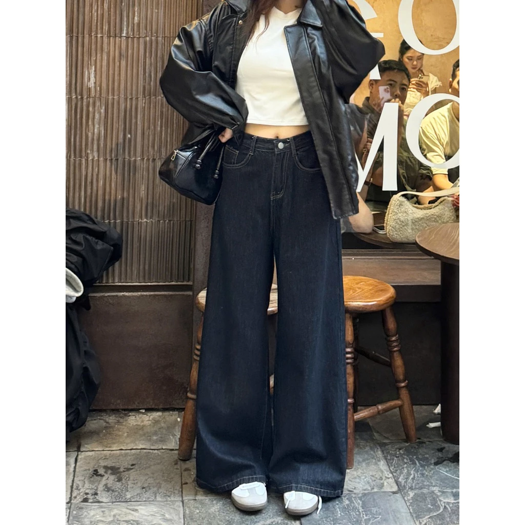 Quần jeans nữ ống rộng cạp cao MÀU THAN chỉ vàng cá tính WJeans084