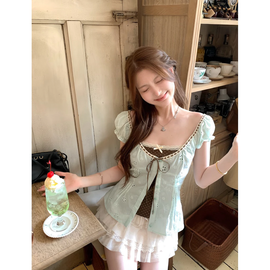 Set Áo Hoa Thêu Phối Nơ Vintage Kèm Chân Váy Ren Tầng Tiểu Thư Hàn Quốc Ngọt Ngào Hot Trend