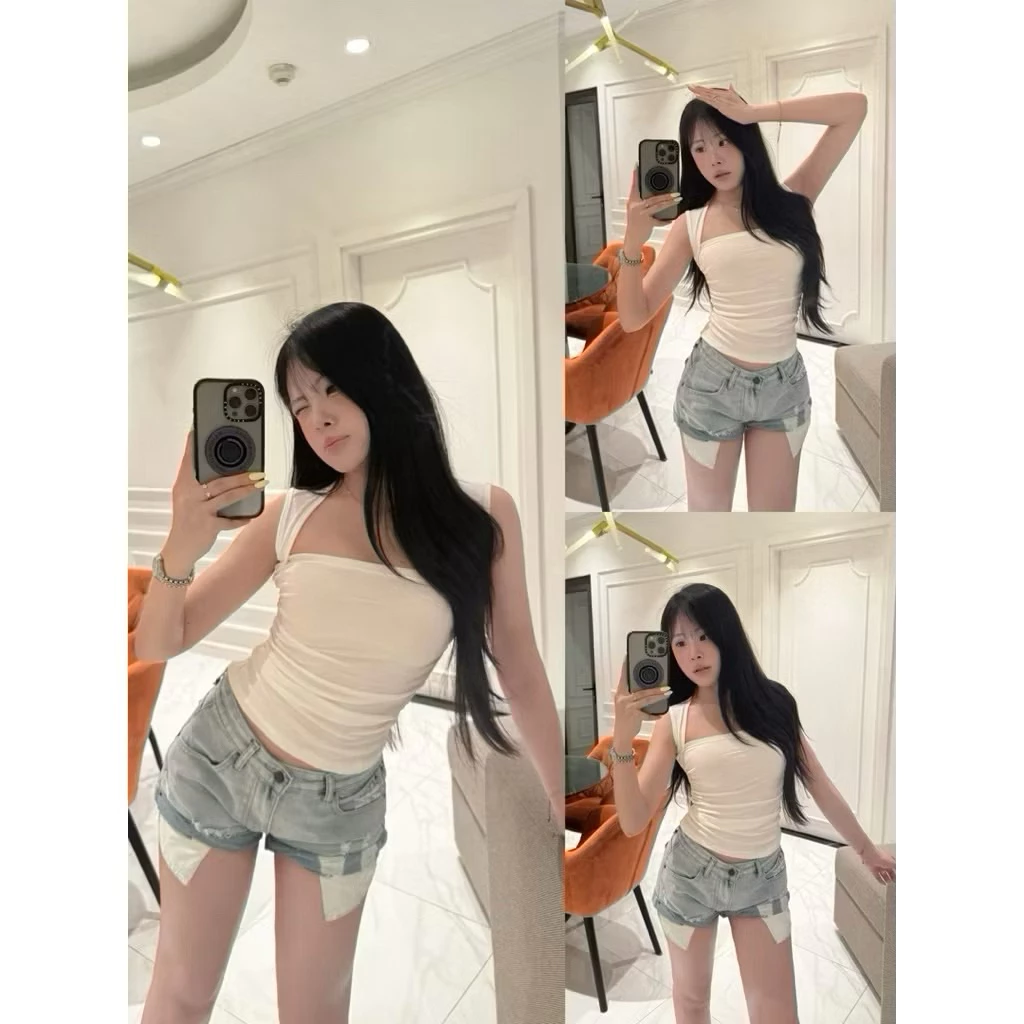 (S-XL) Quần short jeans denim nữ rách nhẹ túi thò cách điệu cá tính